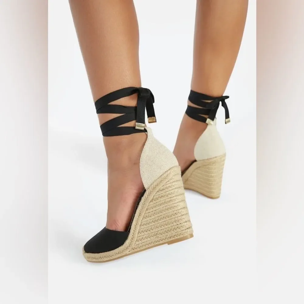 JustFab Women's Black Espadrille Wedge Sandals Size 9.5 Ankle Tie